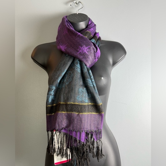 Tru-Fit Pashmina 100% Acrylic Scarf NWT 28"x82" Purple Blue Black & Gold - Picture 1 of 7